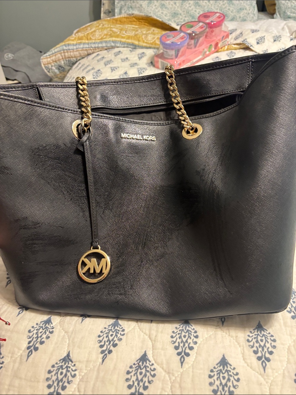 Michael Kors Black Leather Tote with Gold Hardware and MK Charm